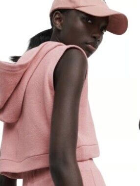 ZARA Hoodie Top Pink Terry Sleeveless Cotton Cropped Size M NWT